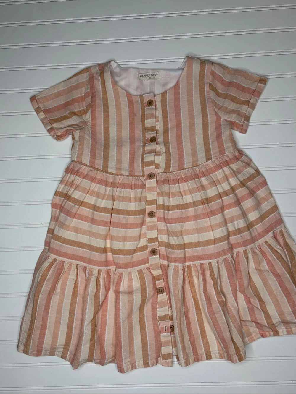 Girls' Striped Button-Front Summer Dress in Peach Cream Tan
